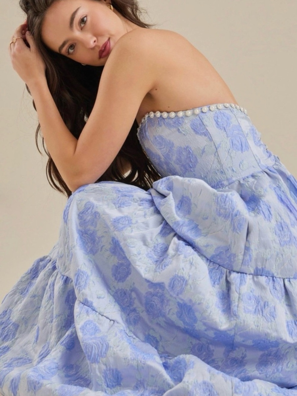 Altar'd State Light Blue Floral Strapless Maxi Dress with Pearl Beading - Picture 4 of 4